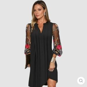 Chic Black Dress with Floral Embroidered Sleeves XL